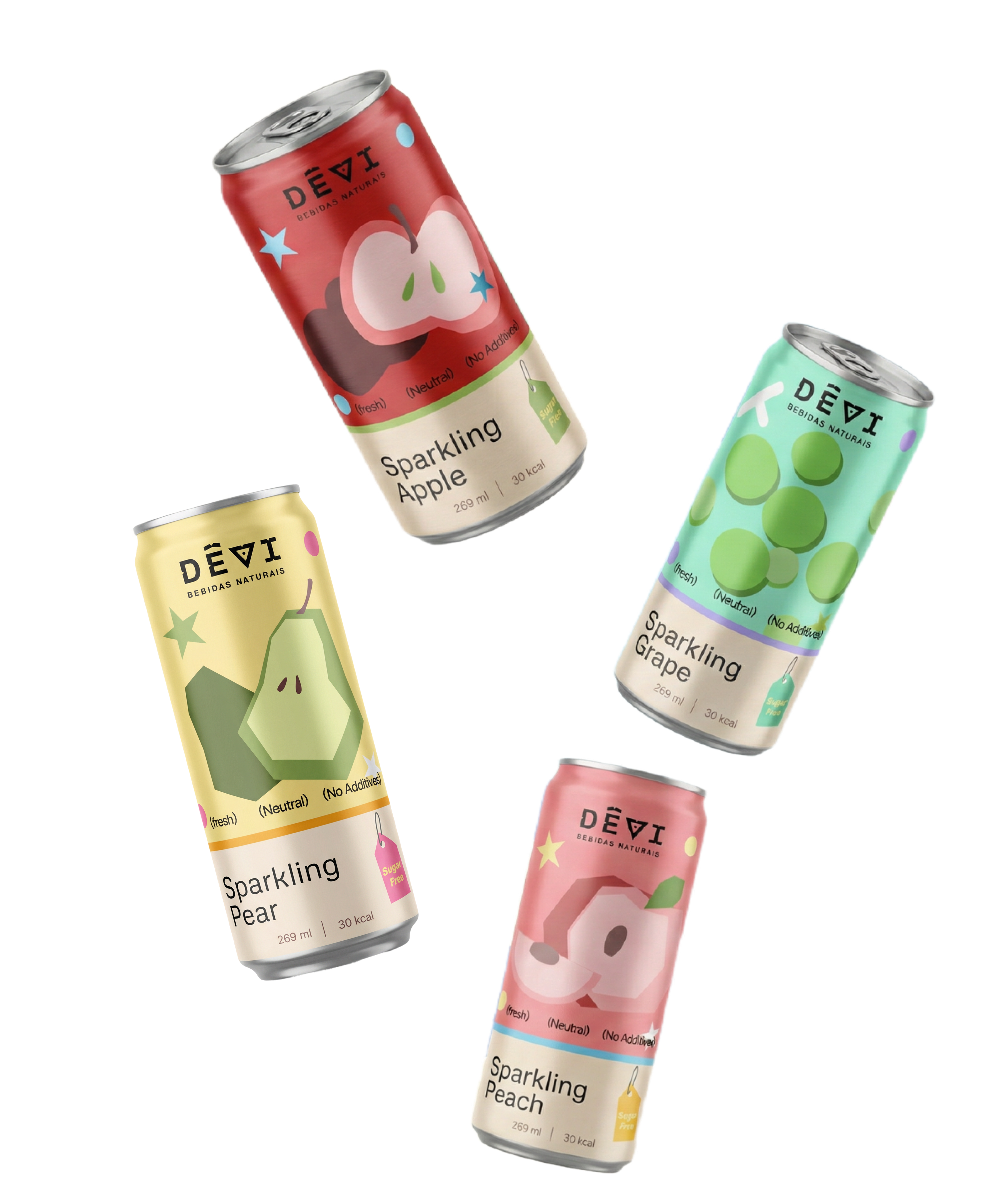 Floating DEVI can renders showing four flavors